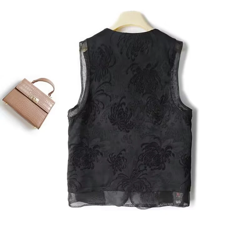 无袖春季上衣提花马夹民族风新中式高贵马甲V领中老年春夏香云纱