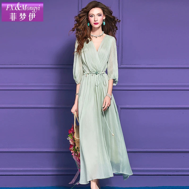 菲梦伊亚麻桑蚕丝连衣裙女夏装真丝收腰超仙V领长裙子FXXL1397