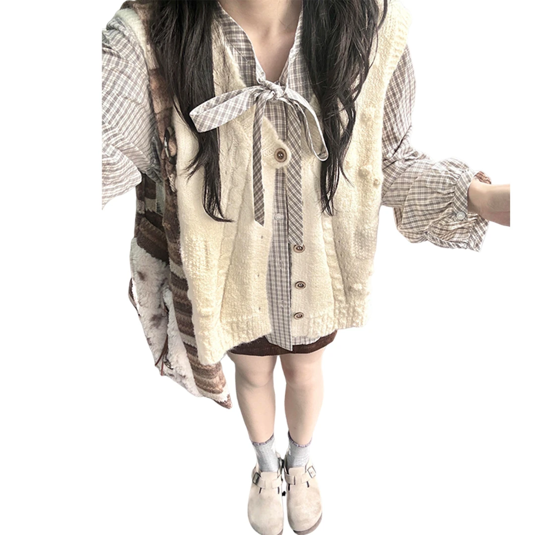 韩系甜美格纹衬衫外套毛衣马甲套装女早秋2025韩系香风毛衣套装裙