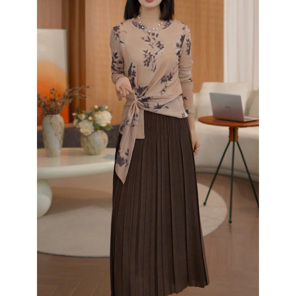 时尚洋气休闲风裙套装2025秋季新款印花绑带长袖上衣+针织半身裙