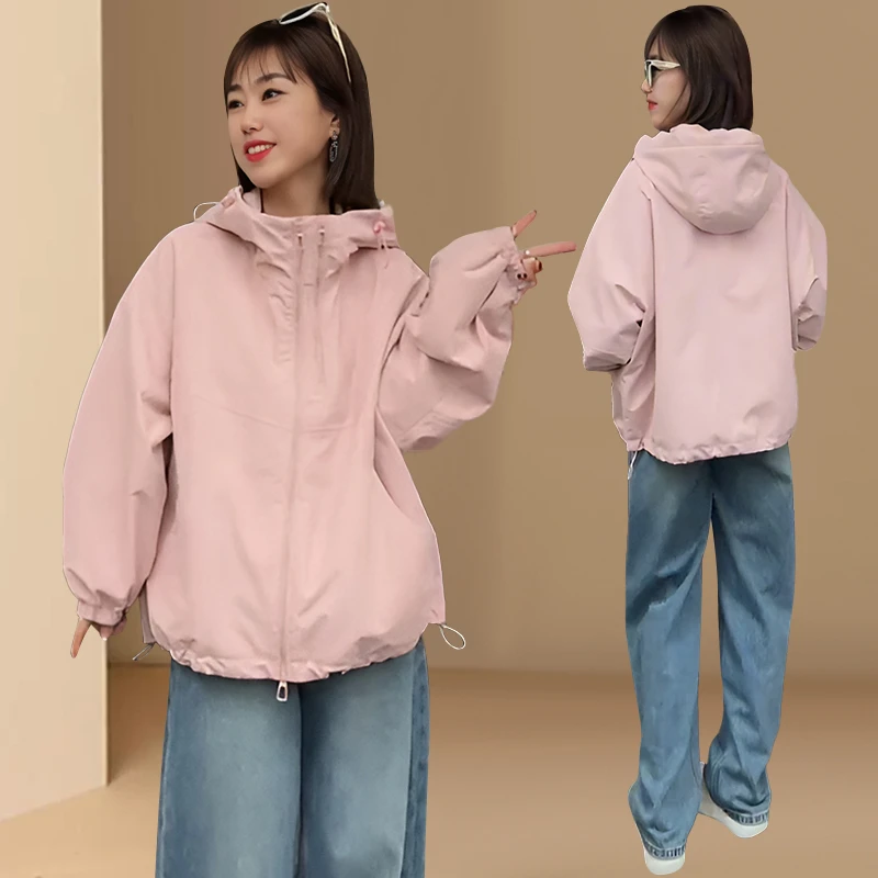 小个子短款双拉链冲锋衣连帽外套女2025春秋百搭休闲帽衫夹克上衣