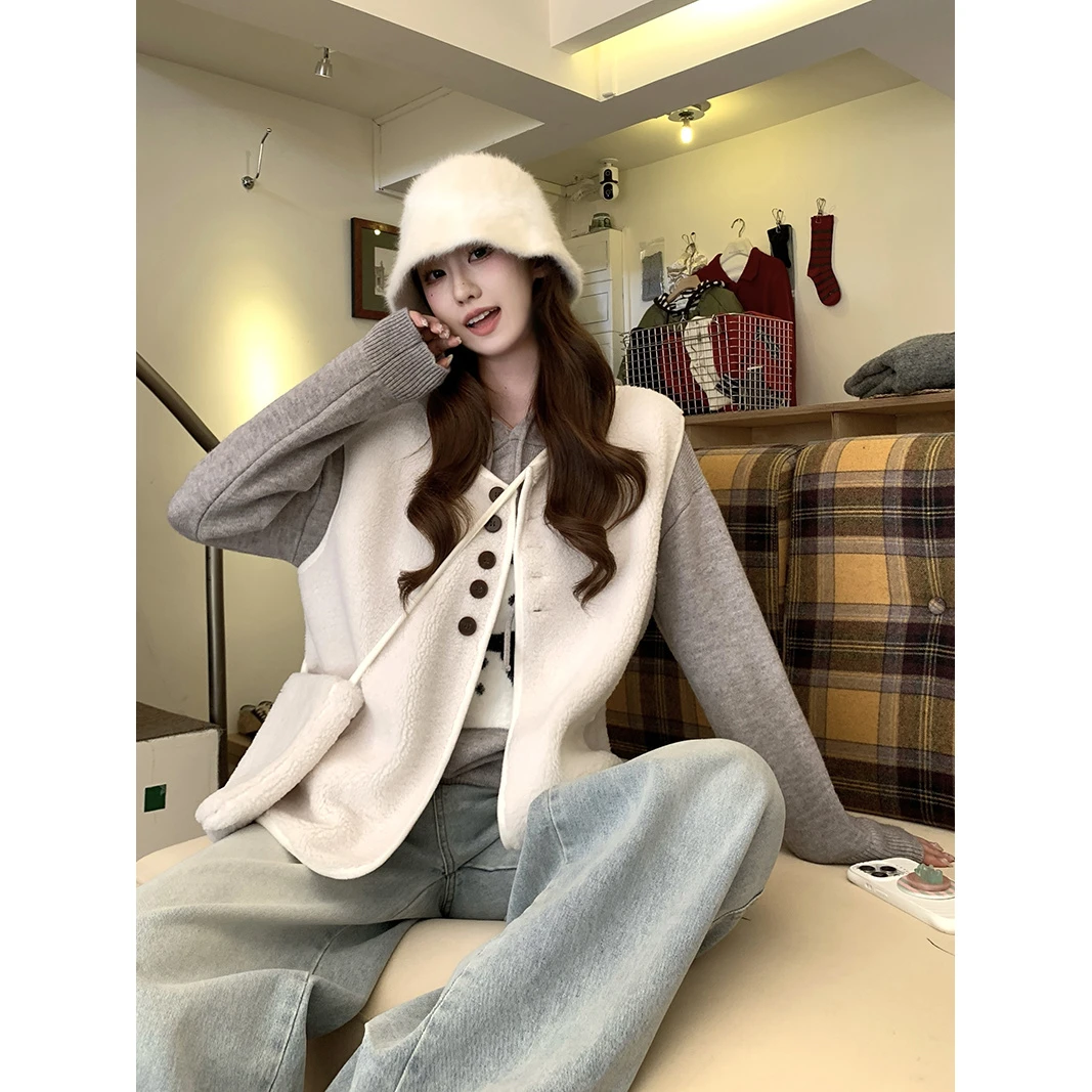 上衣小香风针织宽松慵懒风秋冬叠穿加厚白色羊羔绒外穿马夹外套