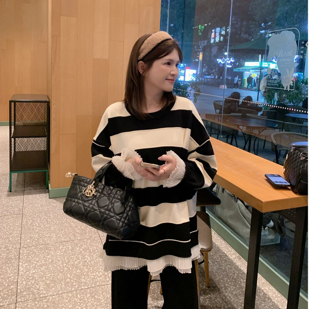 漫姐的店现货【条纹日记】复古荷叶边条纹针织毛衣显瘦慵懒套头上衣