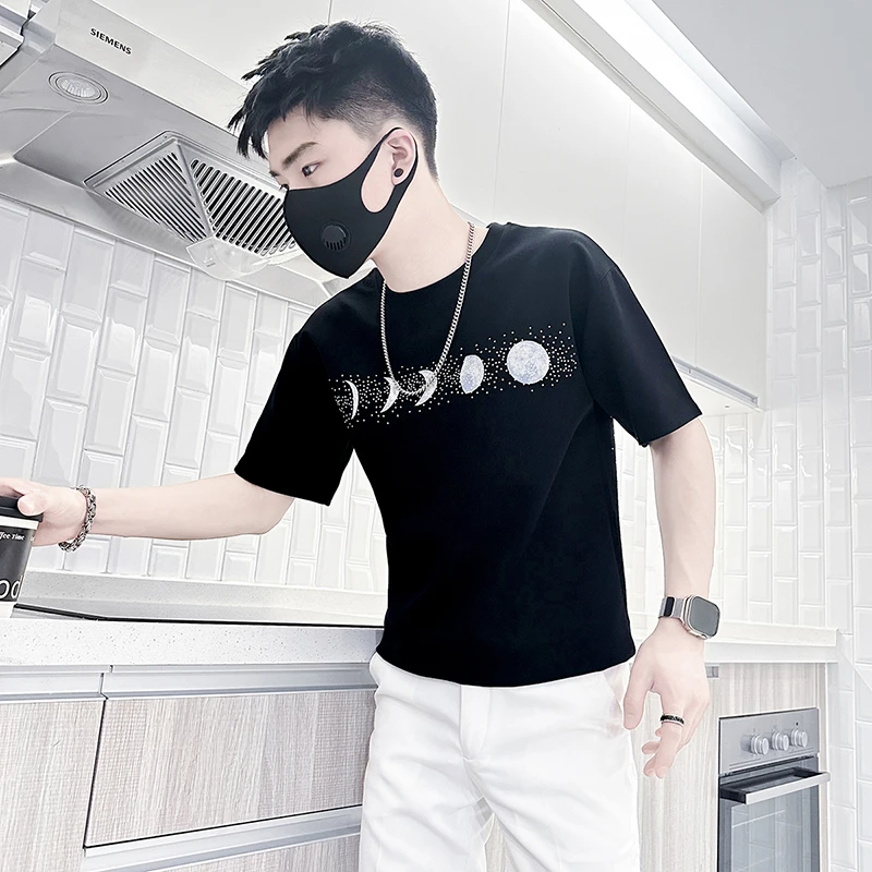 短袖t恤男夏季2025新款潮牌网红洋气炸街男装高级感半袖烫钻体恤
