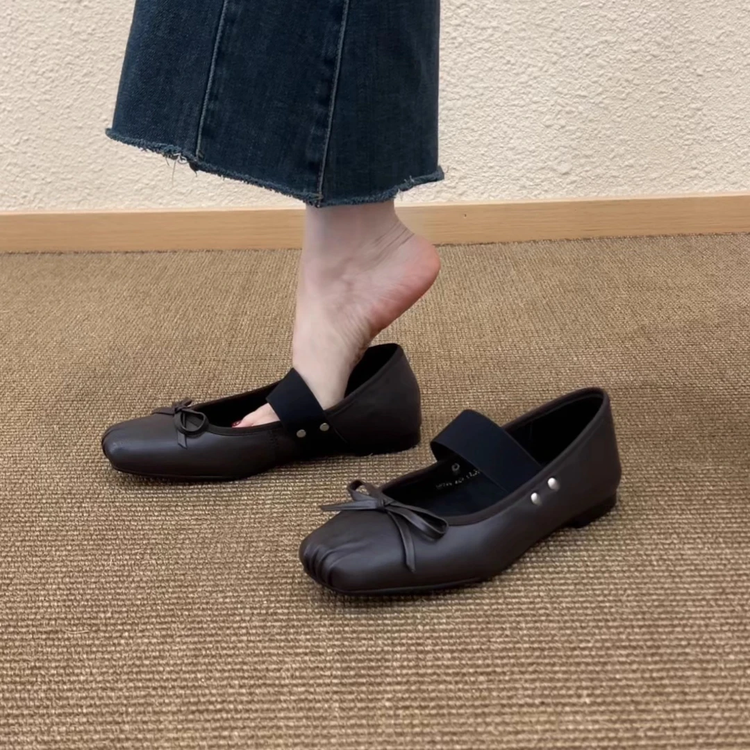Pokoy-1cm浅口方头平底单鞋女不累脚舒适蝴蝶结平跟