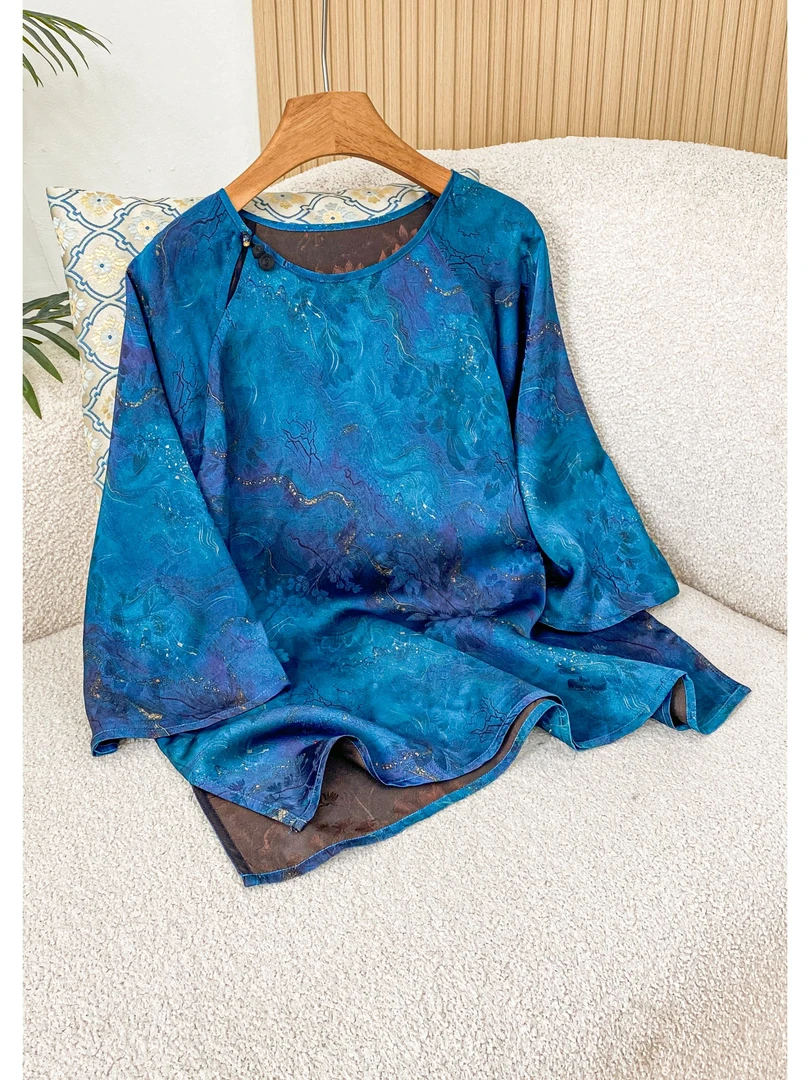 142 新中式国风鎏金孔雀蓝圆领上衣时尚百搭显瘦小衫女