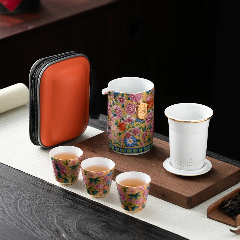 LX236便携式旅行茶具小套装户外简易泡茶壶茶杯珐琅彩（5274）