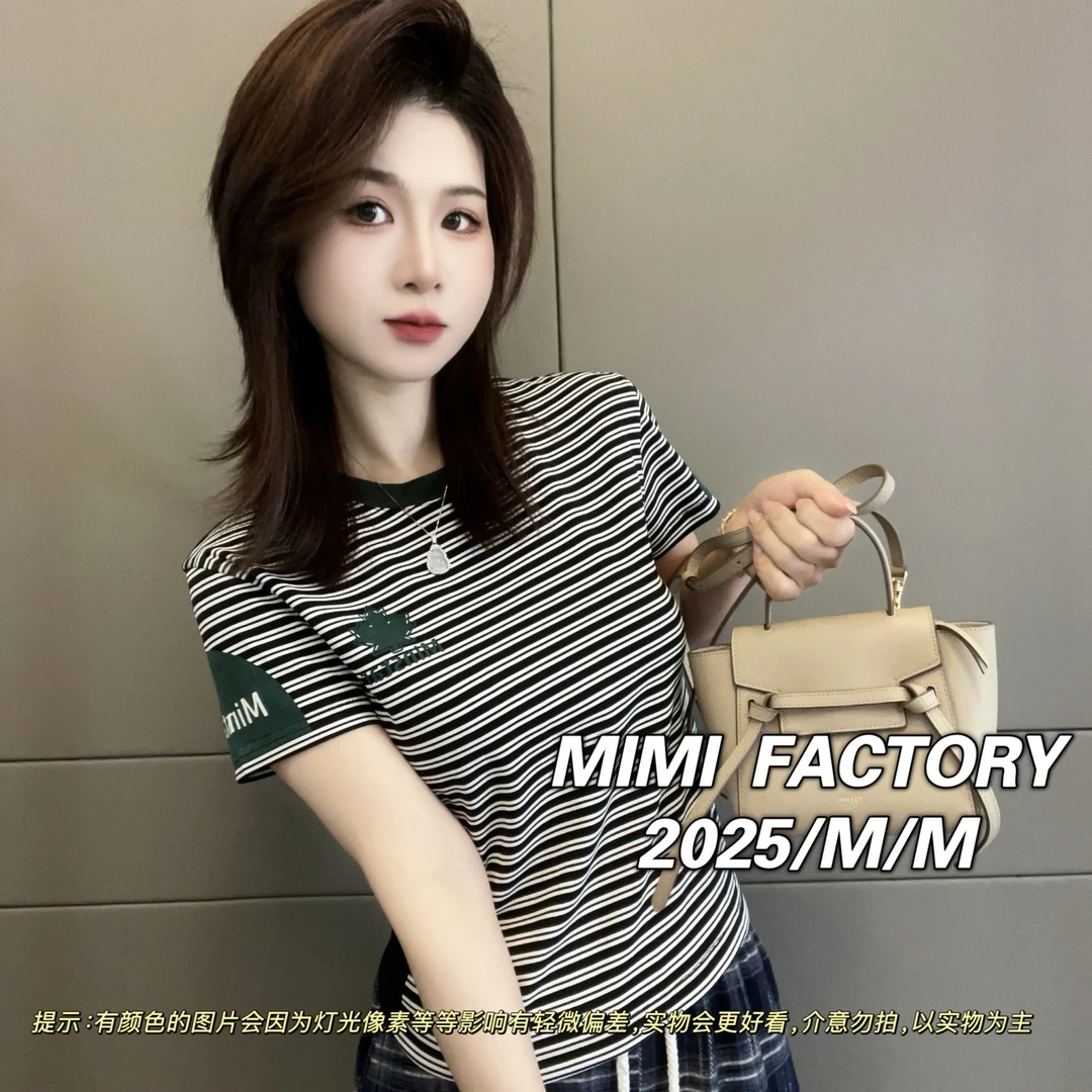 芈芈 2025新款短袖 复古条纹印花短袖T恤女修身显瘦上衣