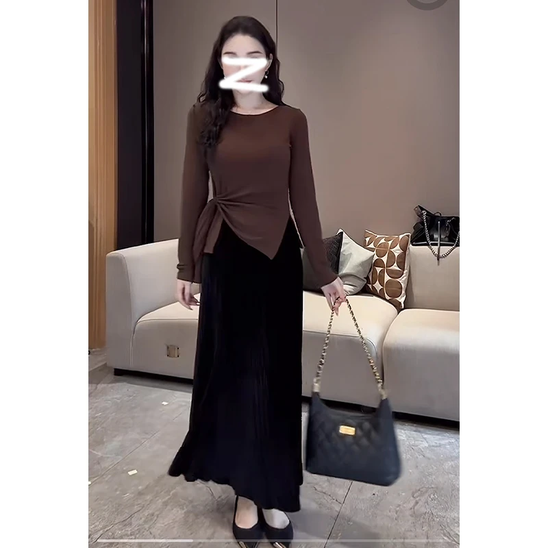 撞色条纹长袖秋季辣妹风显瘦T恤长袖打底设计感修身不规则上衣女