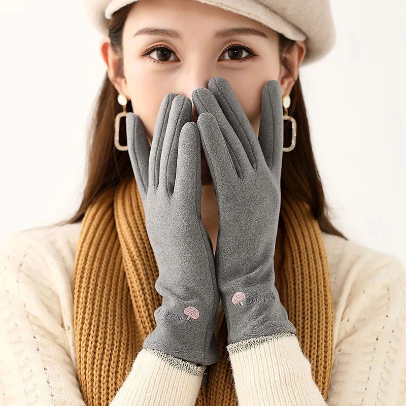 春秋手套女士户外骑行开车单层可爱韩版晨练薄款可爱毛绒冬季手套