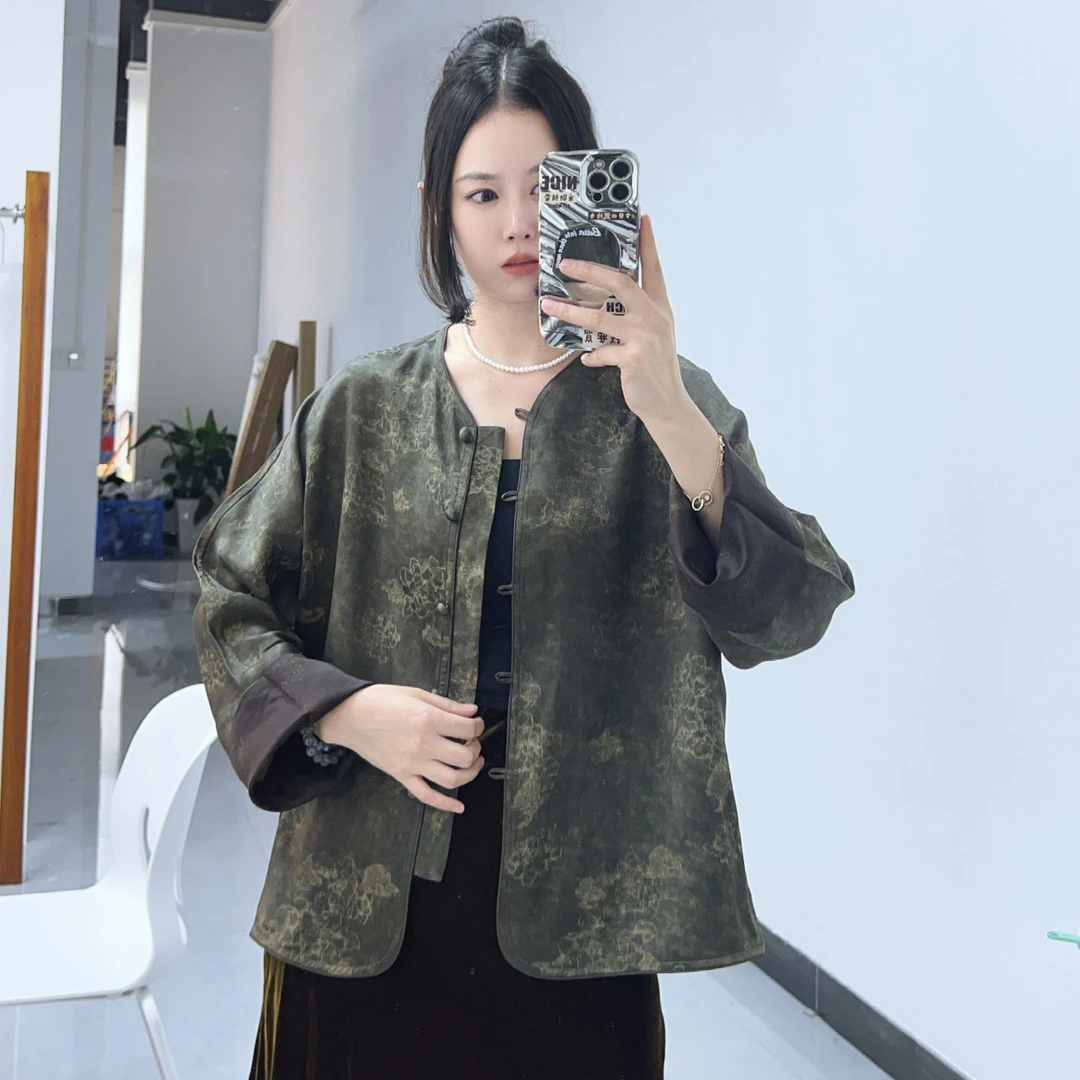灰鎏金40姆米桑蚕丝重缎贵妇皮子双面穿100桑蚕丝高级老钱开衫