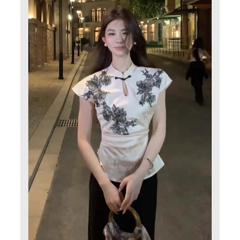 【素夕】【两件套】新中式女装白色盘扣旗袍上衣+半身裙套装D2789