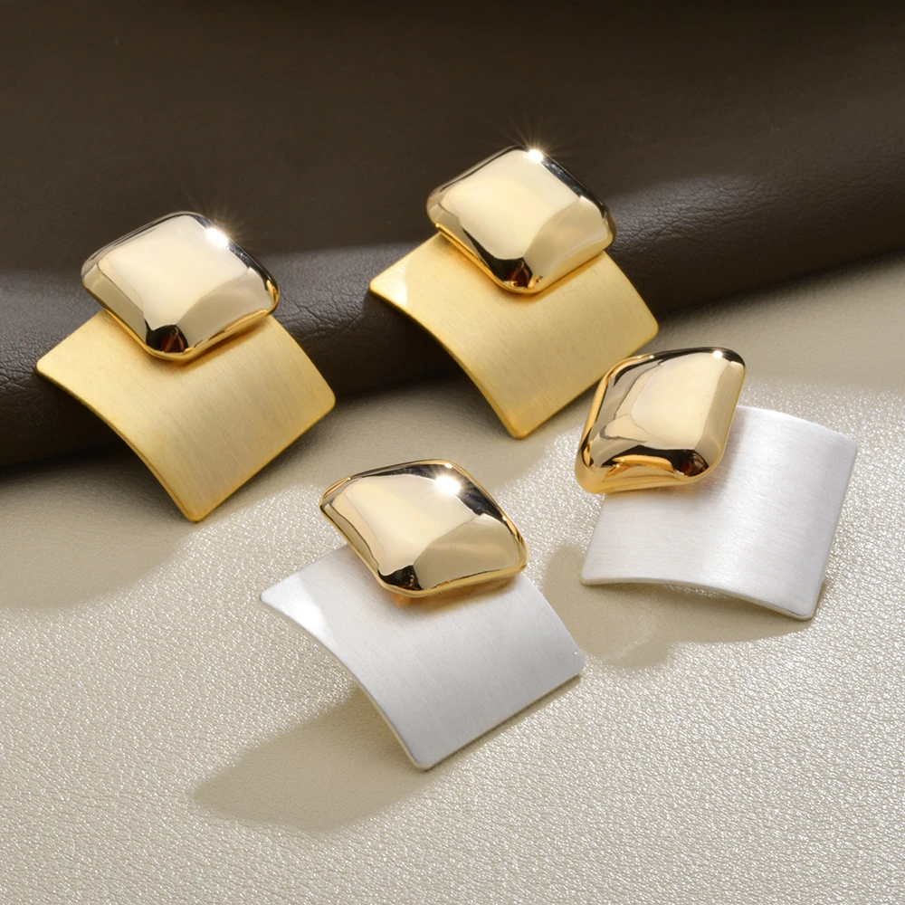 铜合金耳饰 鼎溢韩国气质简约方形拉丝磨砂撞色耳钉轻奢高级感yh