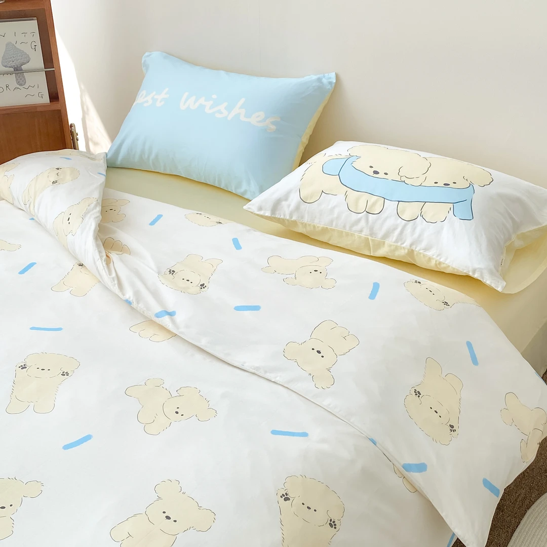 小狗在一起 原创插画全棉60s长绒棉四件套双人床单床笠可爱奶油风