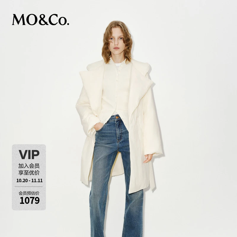 MOCO羽绒服冬鸭绒中长款大翻领连帽外套附腰带MBD4EINT18