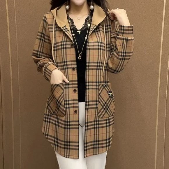中年妈妈连帽格子风衣2025春季新款时尚休闲宽松百搭中长款外套女
