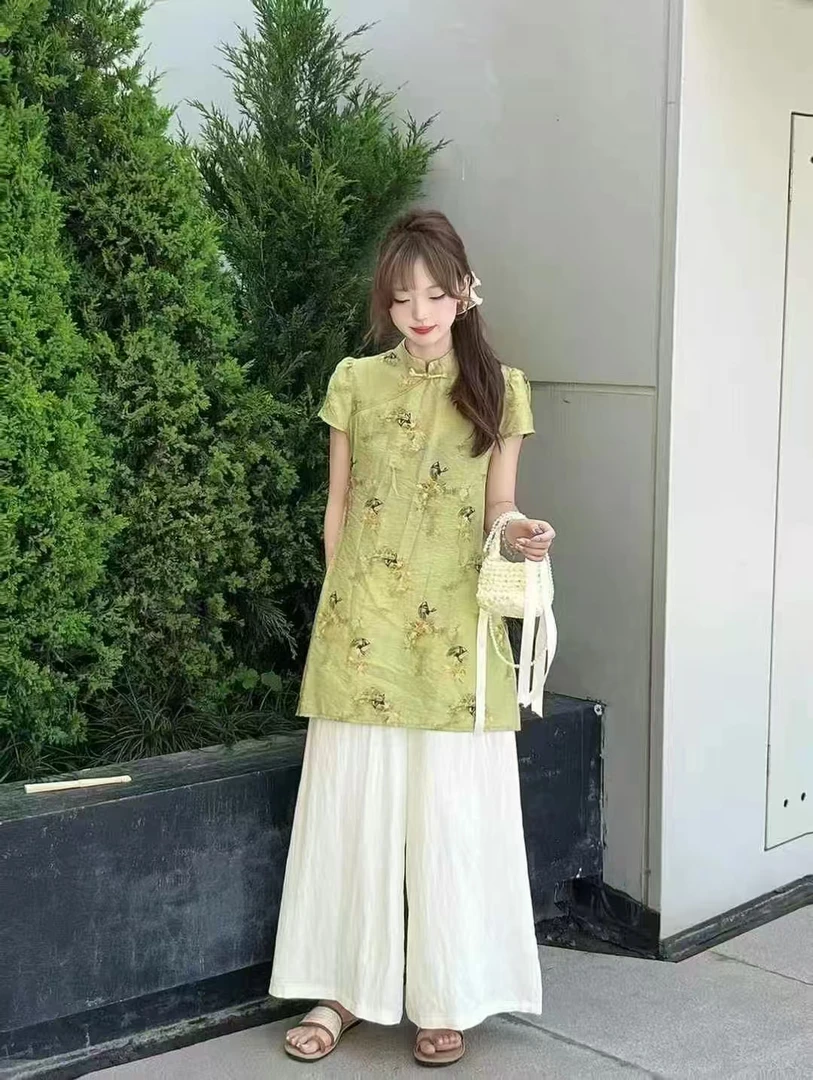 新中式盘扣旗袍上衣阔腿裤两件套