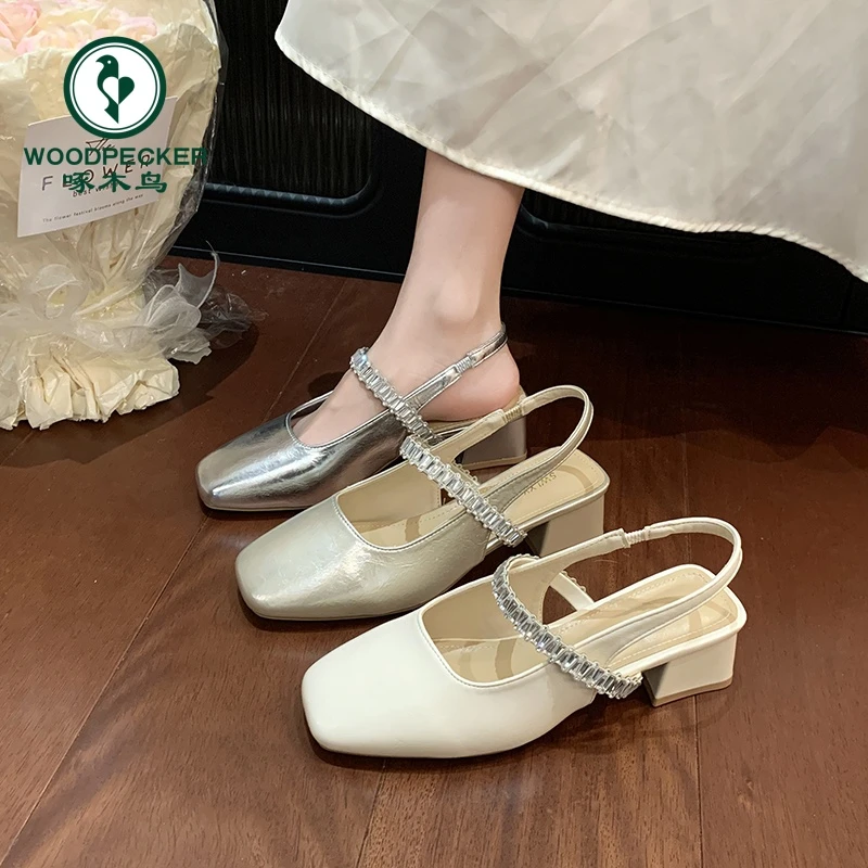 啄木鸟包头水钻漆皮百搭方头粗跟单鞋高跟女鞋夏季时尚玛丽珍凉鞋