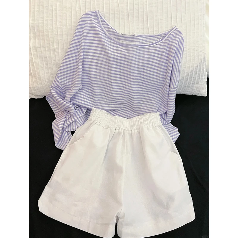 【撞色条纹】ins韩版长袖睡衣女春夏款家居服条纹t恤短裤套装可外穿