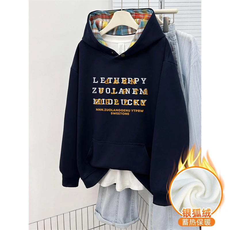 潮牌字母印花拼接格子纽扣连帽卫衣女秋冬设计感宽松大码加绒外套