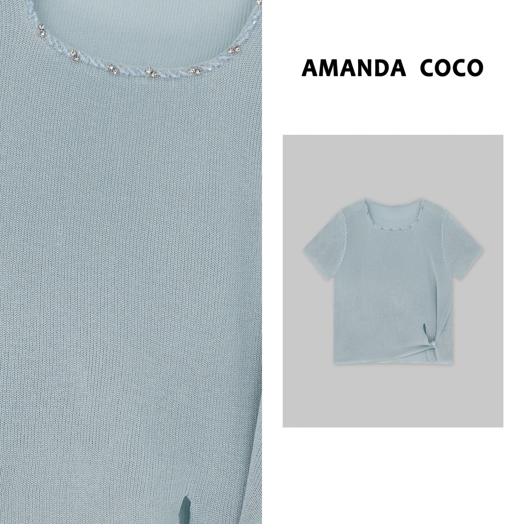 浪漫南法～夏季薄款冰感串珠欧若风显瘦短袖针织衫