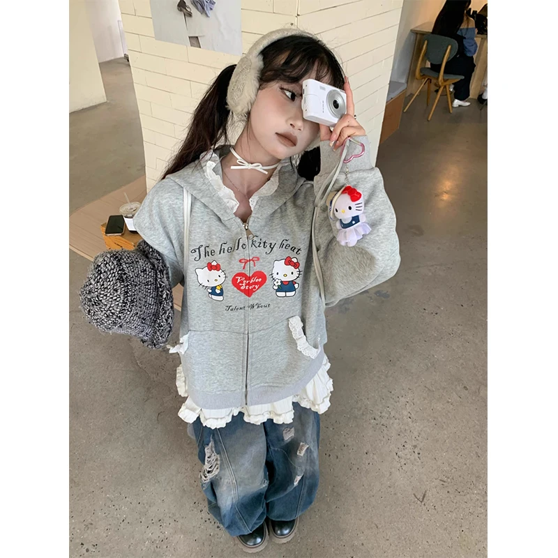 甜酷风蕾丝拼接kitty猫连帽开衫卫衣女秋季宽松可爱短款拉链外套