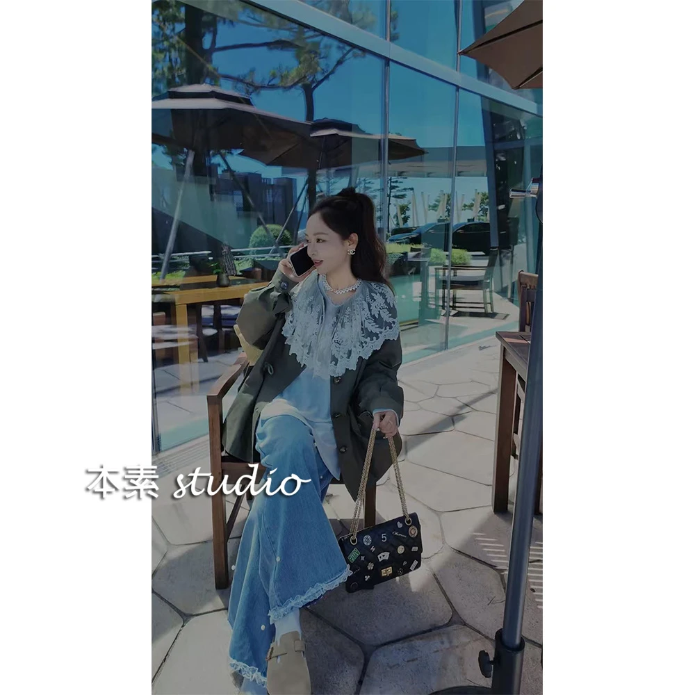 釜山之旅Y3079腰部抽绳蕾丝娃娃领外套