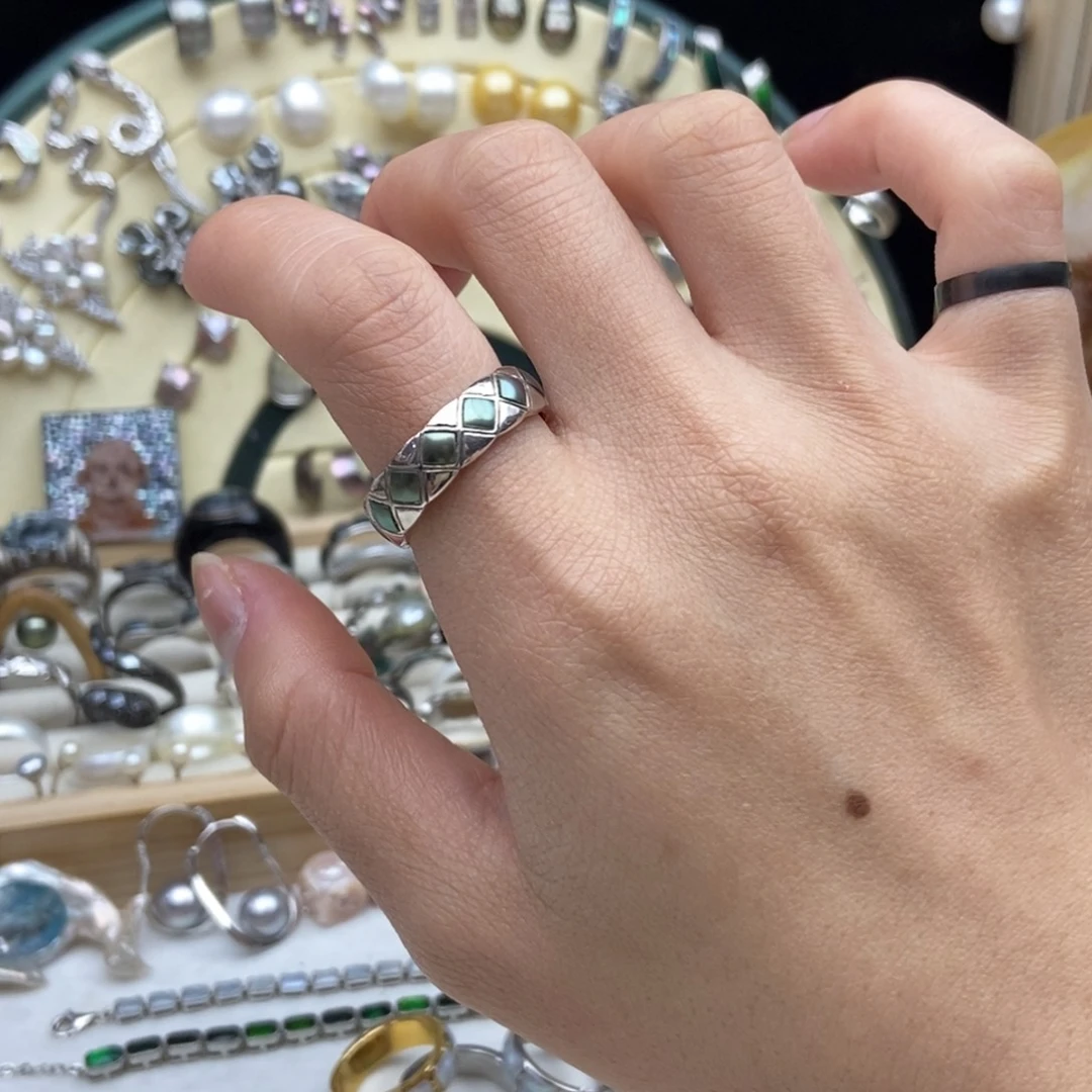 银S925镶嵌海水珍珠画框大溪地菱格戒指定制