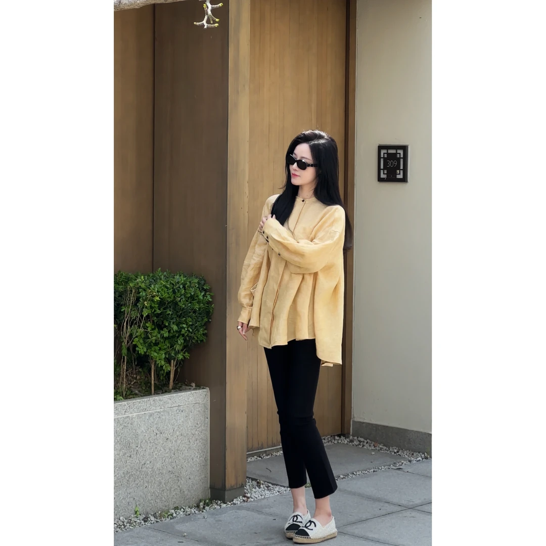 【MEEUMI】春夏新款亚麻长袖衬衫暗扣双门襟黄色白色TB2010HM