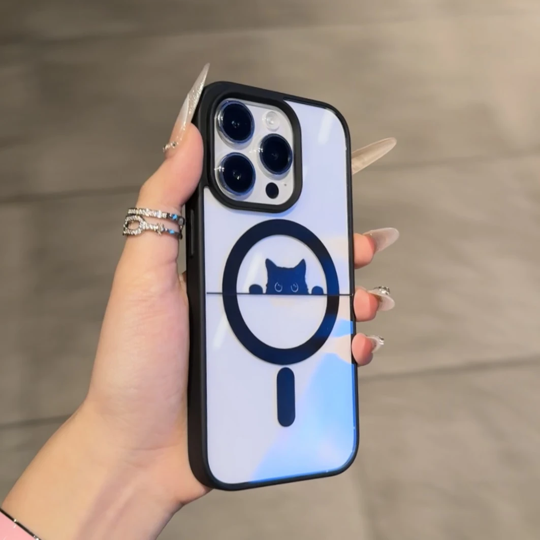 探头小黑猫磁吸适用苹果16/14promax手机壳iPhone13软12可爱11ins