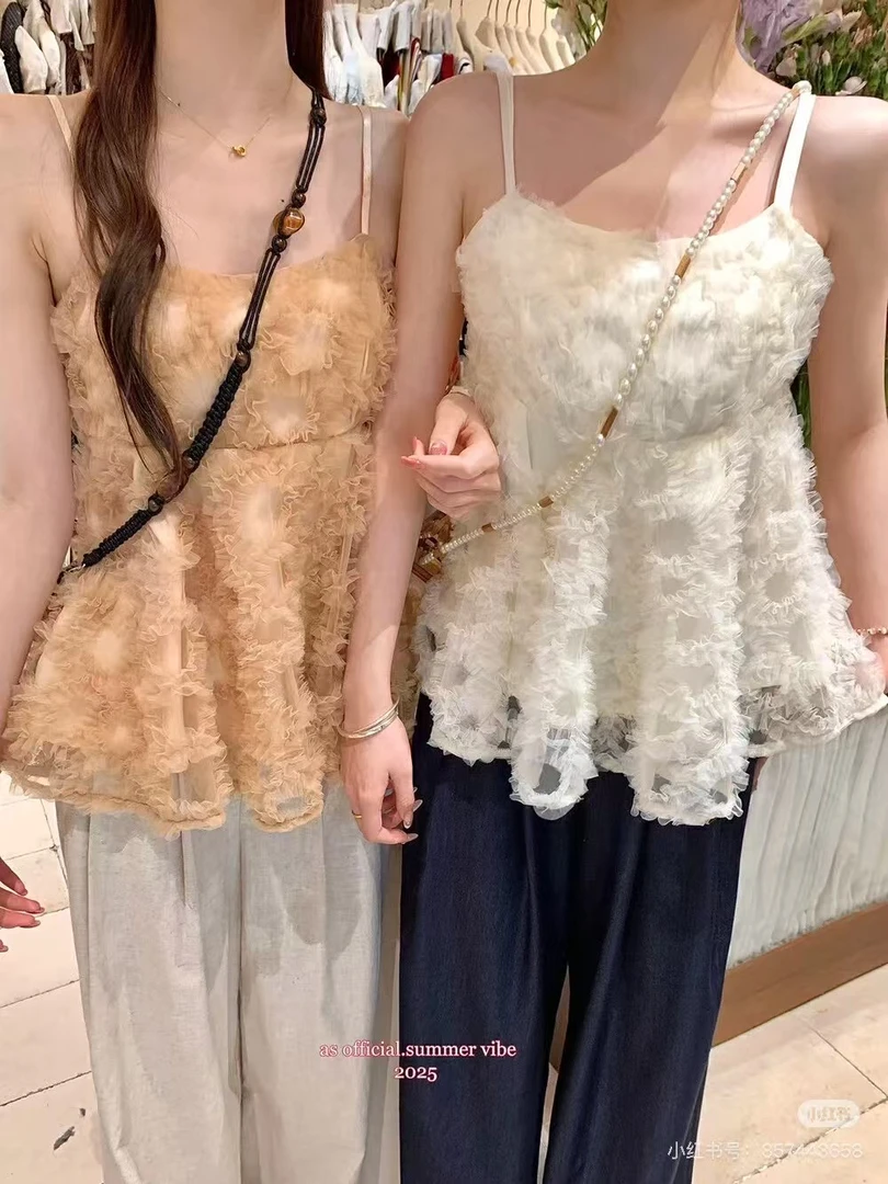 150g性感风梦幻风宽松型吊带背心套装外穿法式镂空