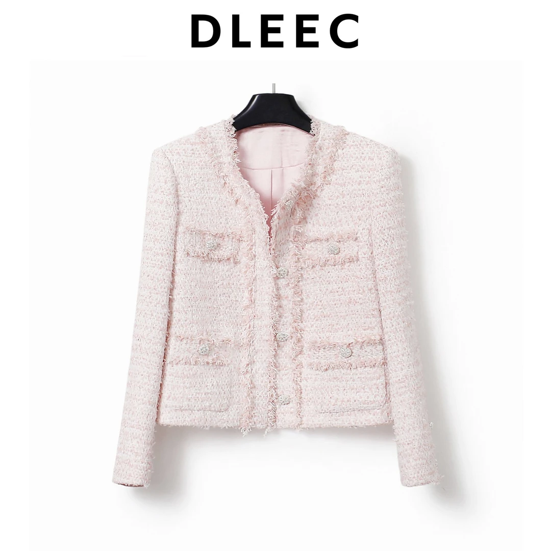 DLEEC 温柔淑女减龄长袖粉色小香风外套轻奢气质少女流苏圆领上衣