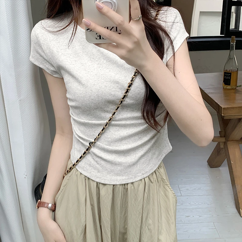 翰代维正肩小飞袖短袖T恤女夏季新款修身显瘦辣妹小个子短款上衣