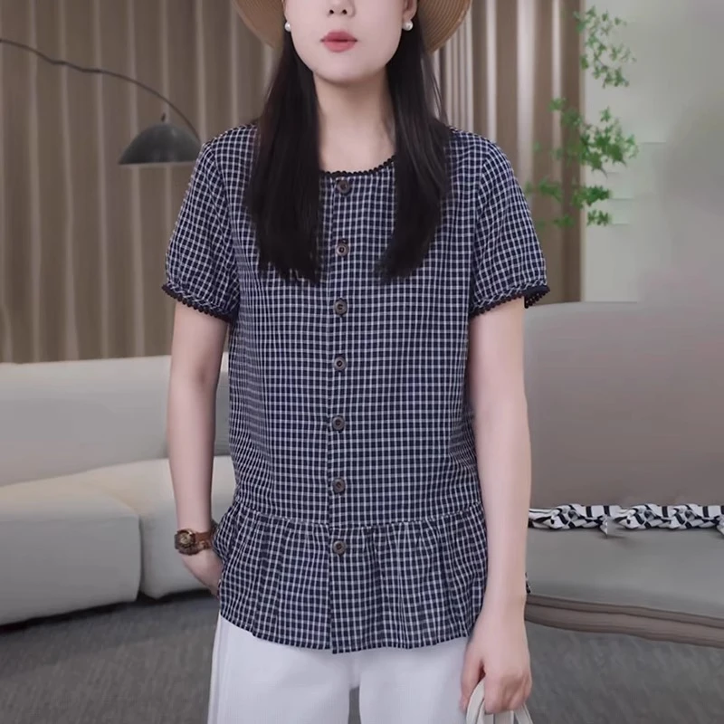 法式格子衬衫女士2025夏季新款复古洋气减龄宽松显瘦蕾丝花边上衣