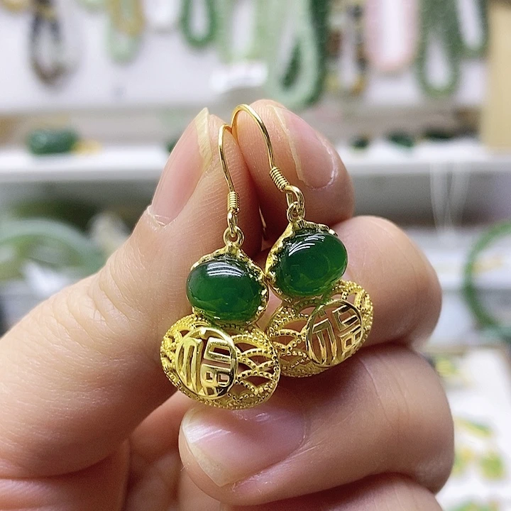 和田玉（碧玉）耳饰银S925镶嵌