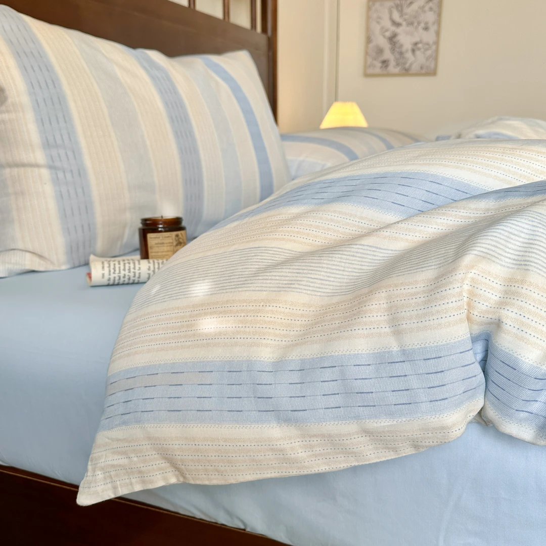 小玲子家纺 川纱 全棉双层纱四件套A类100棉简约条纹三件套