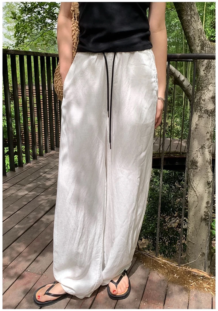 亚麻镰刀裤 夏季松紧腰抽绳休闲裤女宽松廓形长款