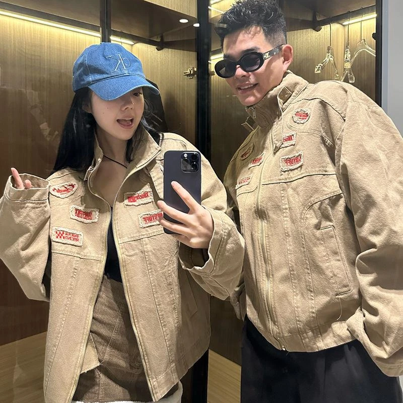 新款原创美式机车风贴布字母刺绣立领夹克男女春秋百搭工装外套潮