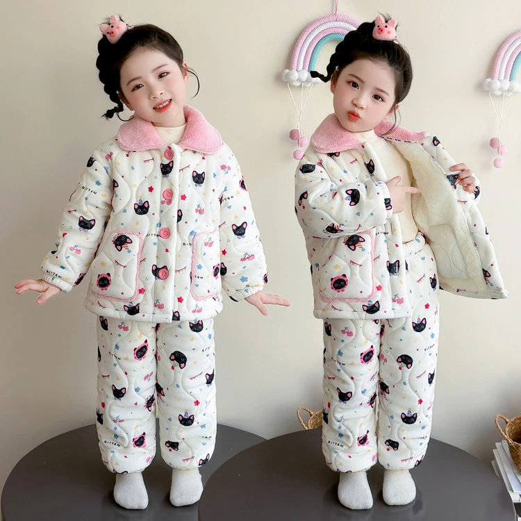 儿童睡衣女童冬款加厚三层夹棉冬装女孩外穿珊瑚绒棉衣家居服套装