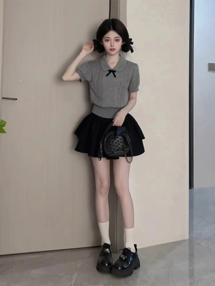 夏季2025新款灰色娃娃领蝴蝶结针织短袖T恤法式掐腰别致上衣裙子
