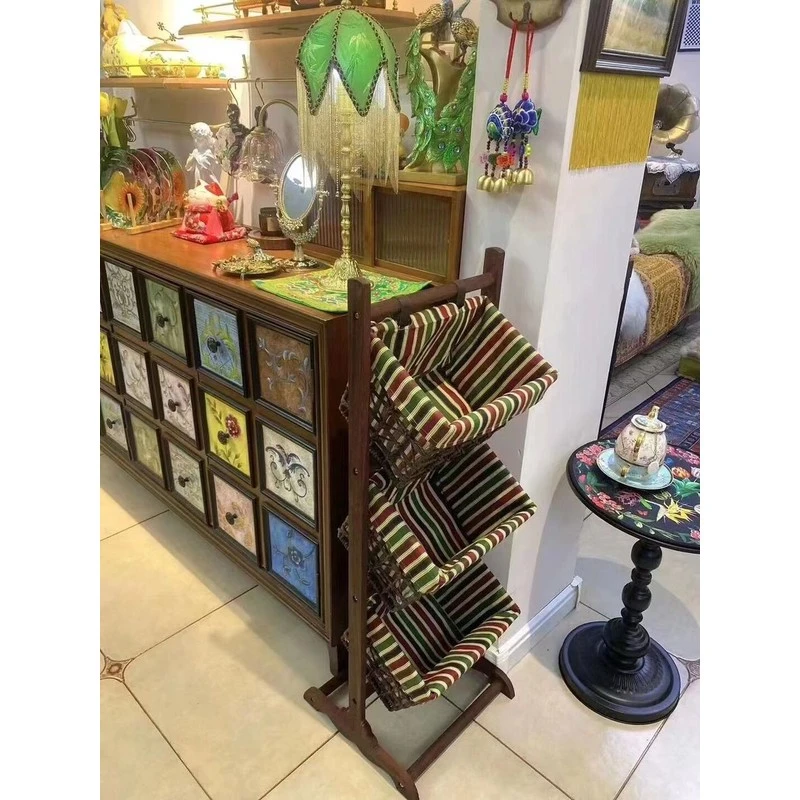 复古田园风落地置物架实木藤编收纳储物架三层吊篮客厅花架网红