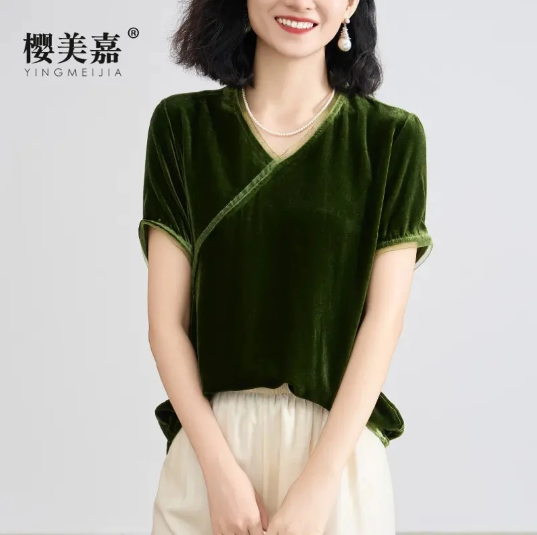 DY1015樱美嘉桑蚕丝丝绒V领拼接衬衫时尚百搭夏季显瘦