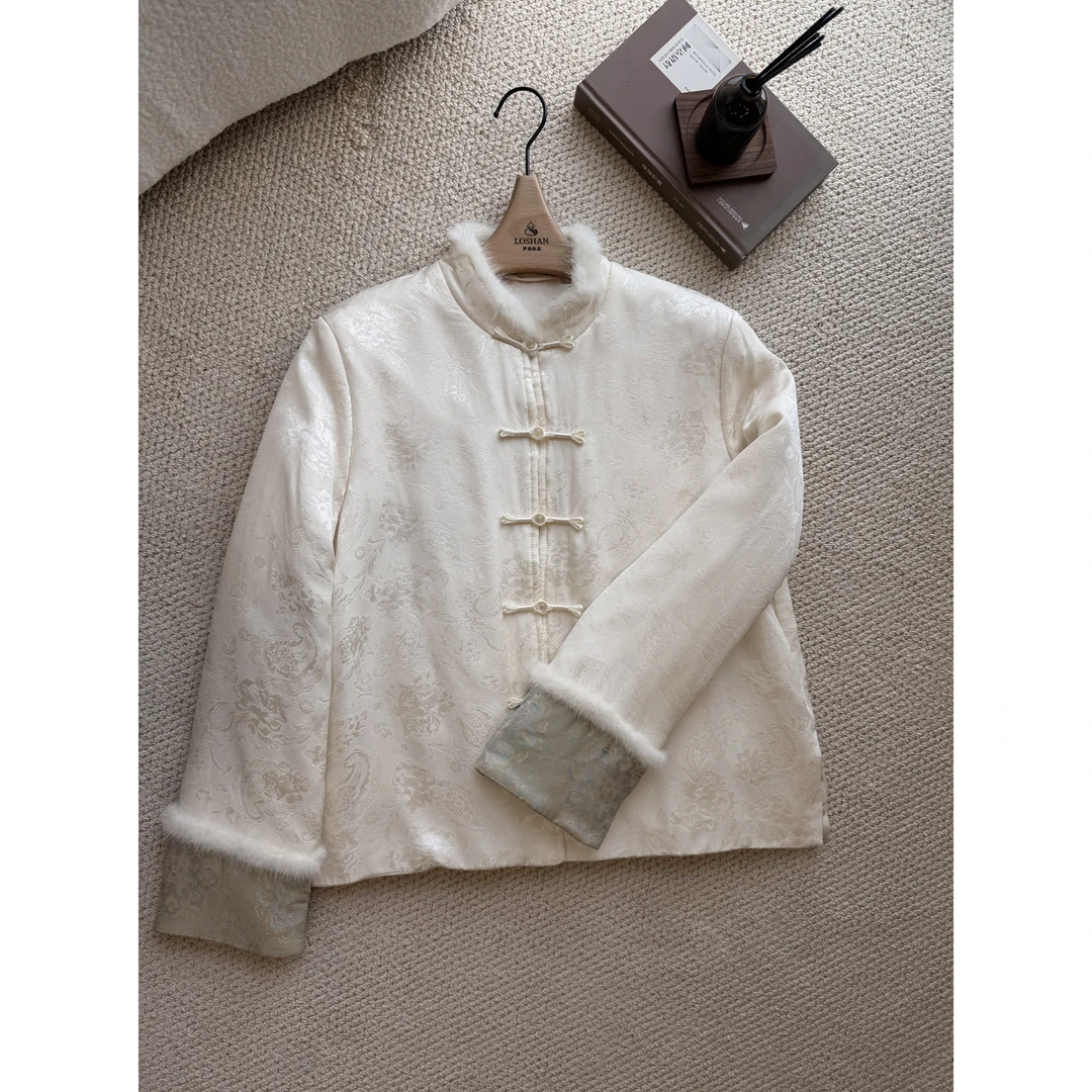 【深圳罗依】原创真丝棉衣女桑蚕丝腰果花拼宋锦新中式气质棉服