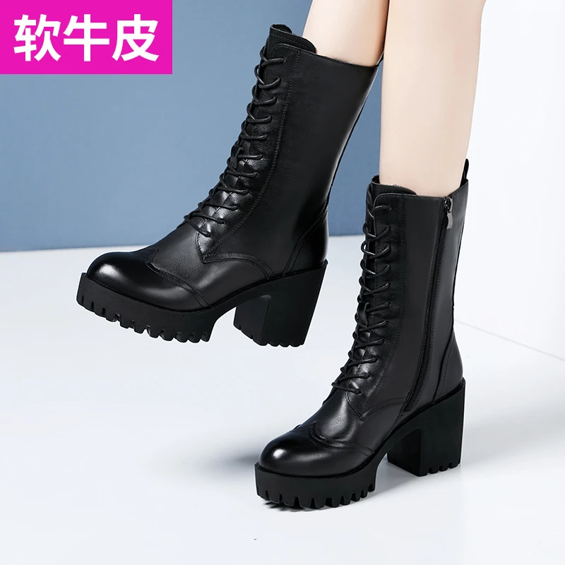 高跟防水台长筒真皮骑士靴粗跟厚底系带马丁靴女秋冬新款百搭女靴