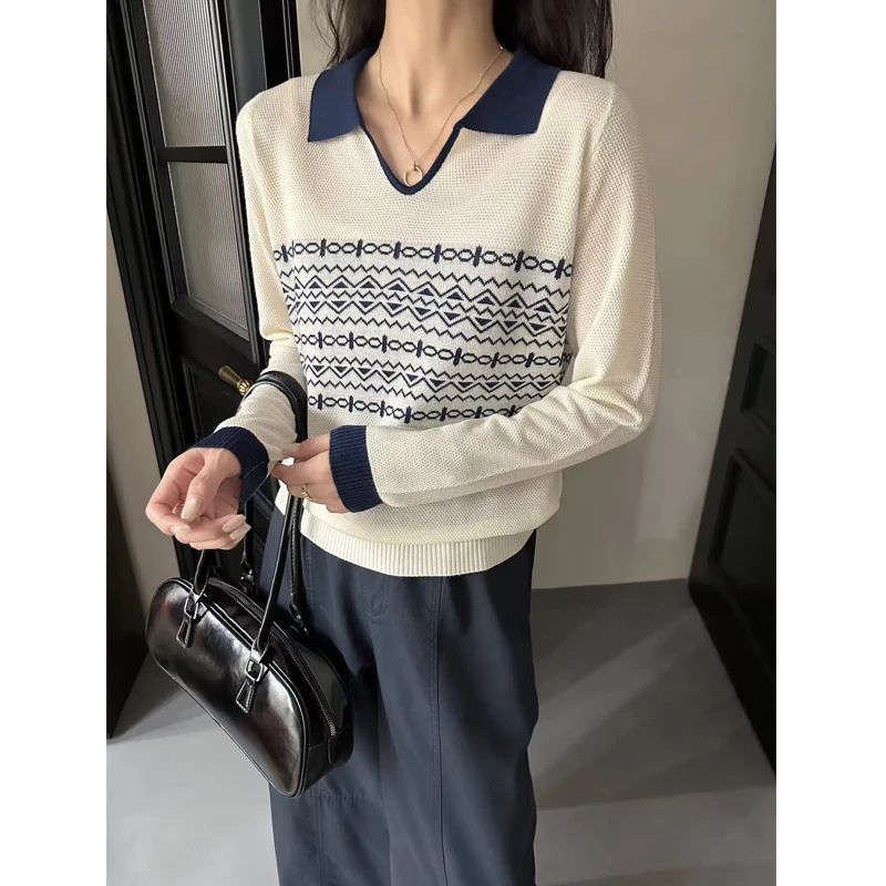 羊毛衫女长袖时尚打底衫复古撞色上衣拼色套头针织衫拼接宽松毛衣