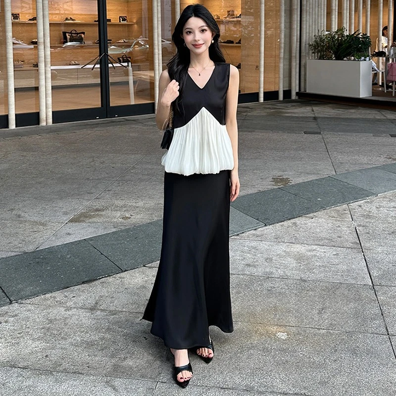2025夏季新款气质时尚两件套黑白撞色荷叶边无袖背心半身裙