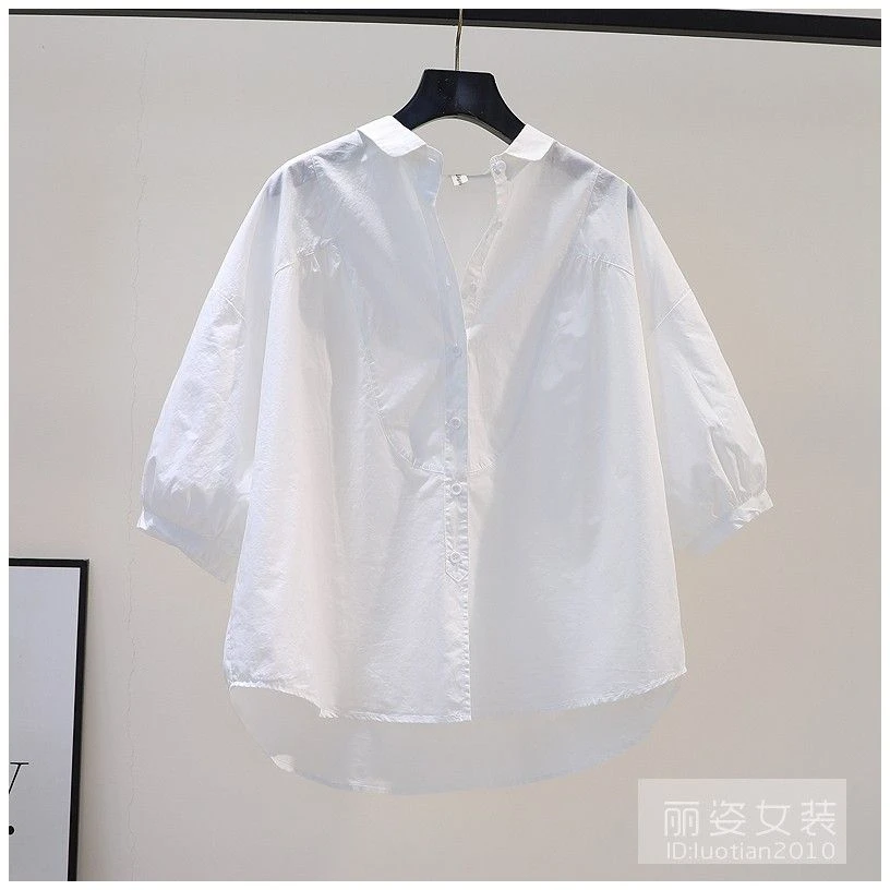 纯棉大码文艺范浅蓝色胖mm衬衣女长袖袖休闲衬衫春夏新款气质上衣