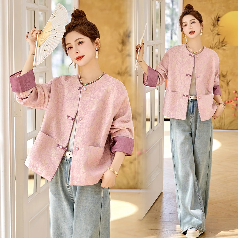 浮雕提花短外套女风上衣2025春新款洋气新中式圆领夹克小个子秋季