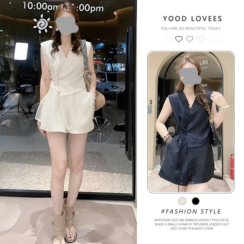 欧洲站2025夏季新款韩版时尚显瘦V领无袖背心上衣+高腰短裤两件套