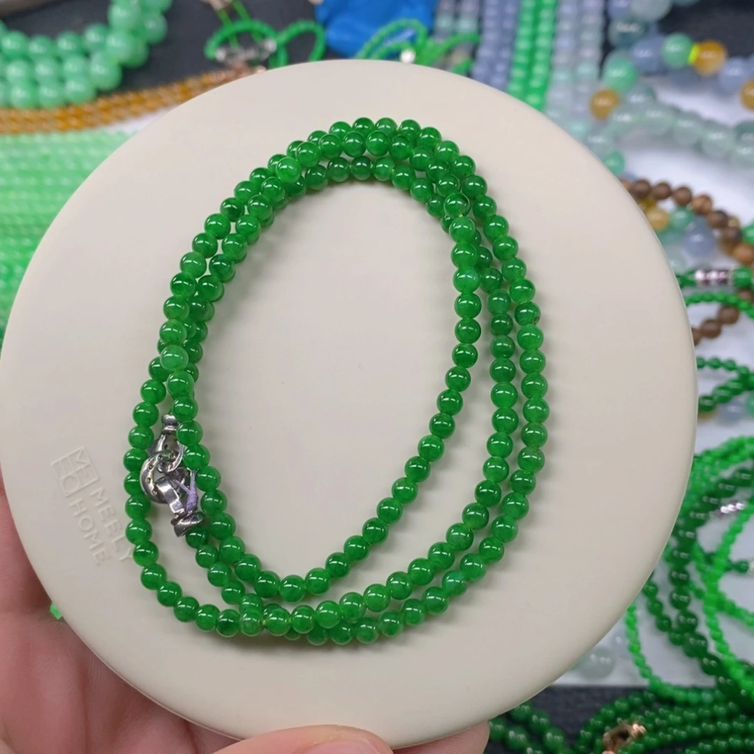 颈饰未镶嵌翡翠缅甸天然翡翠冰种浓阳绿小米珠项链4